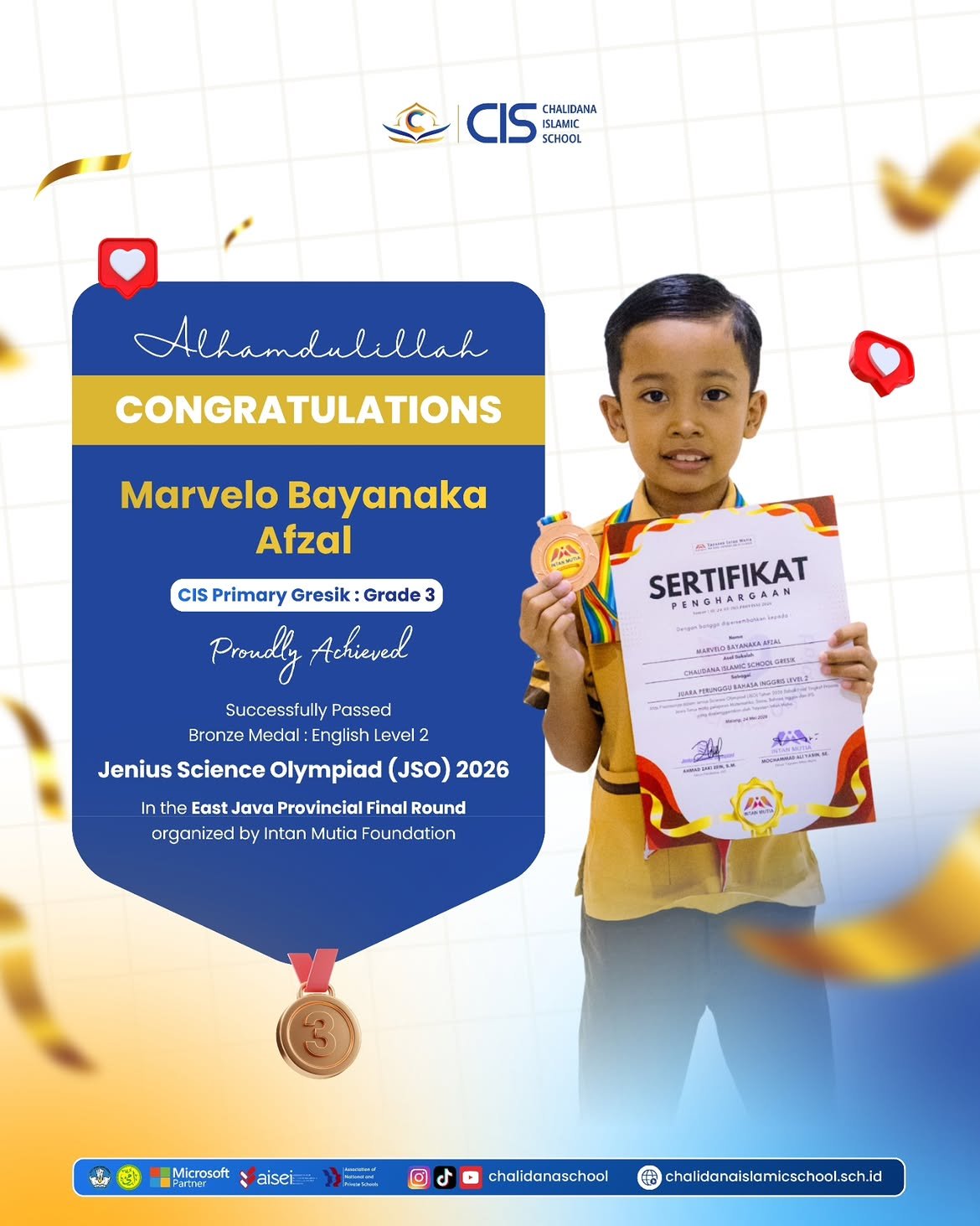 Proud Achievement! Marvelo Bayanaka Afzal (CIS Primary Gresik) Wins Bronze Medal in Jenius Science Olympiad 2026