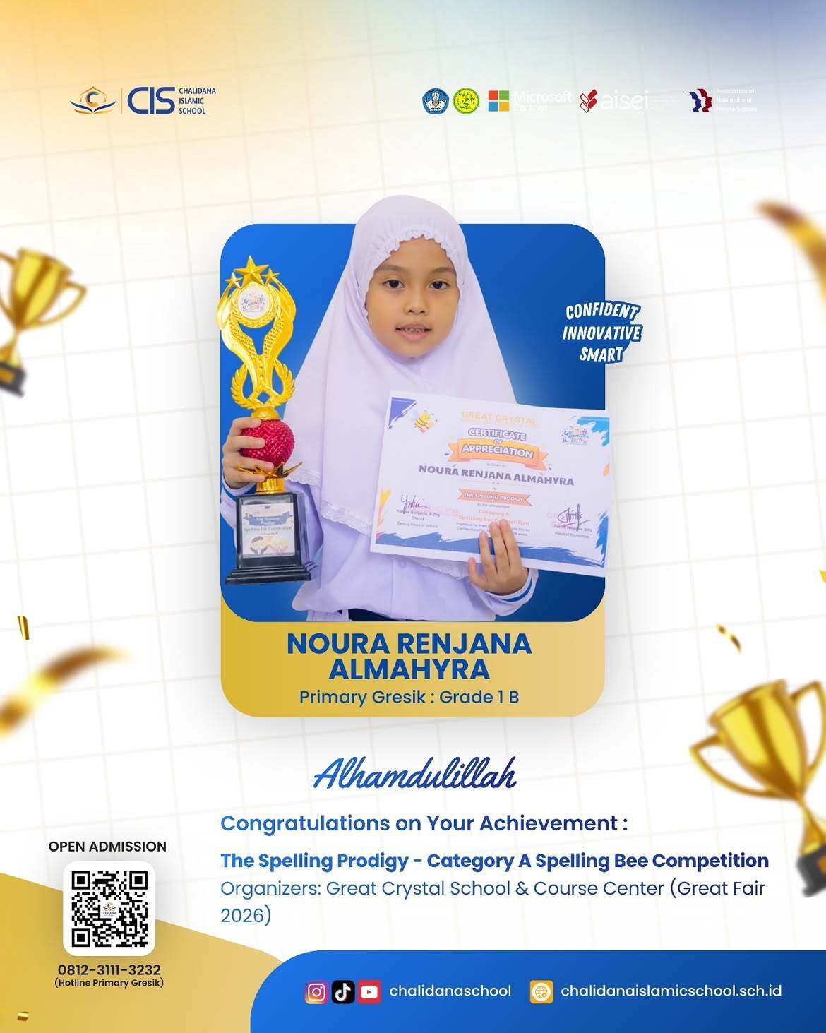 Proud Achievement! Noura Renjana Almahyra (CIS Primary Gresik) Awarded The Spelling Prodigy at Great Fair 2026