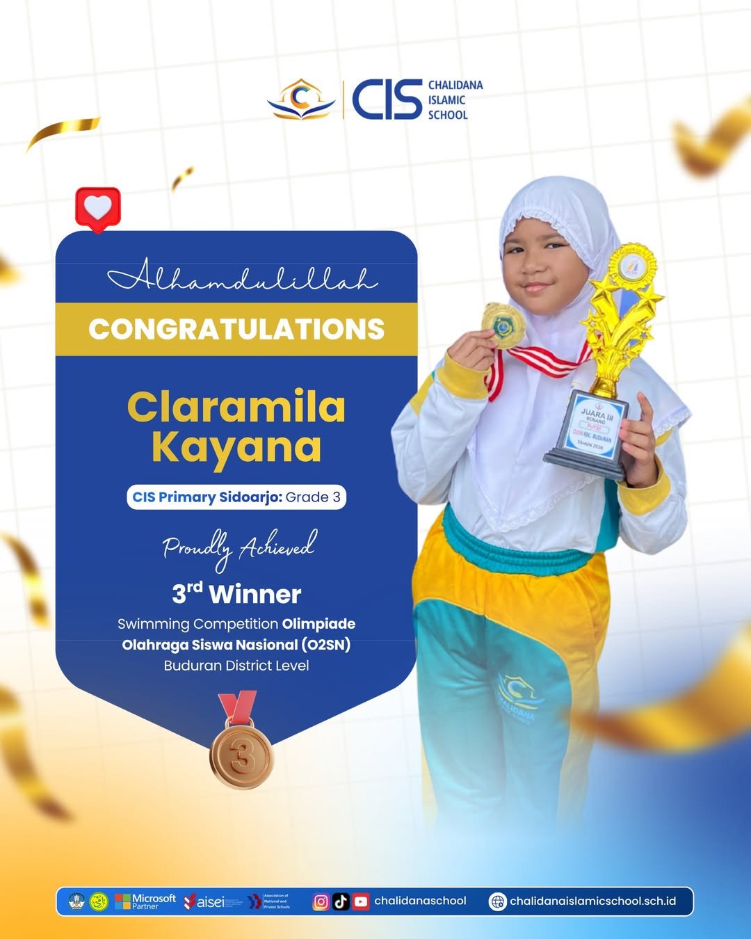 CIS Primary Sidoarjo Student Secures 3rd Place in O2SN Swimming Competition